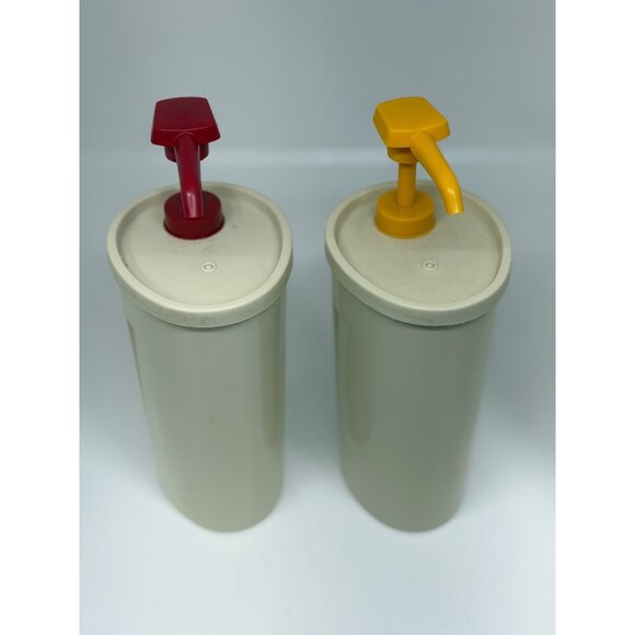 VTG Tupperware Ketchup & Mustard Pump Dispenser Set Red Yellow 8.5" Condiments - Picture 2 of 7